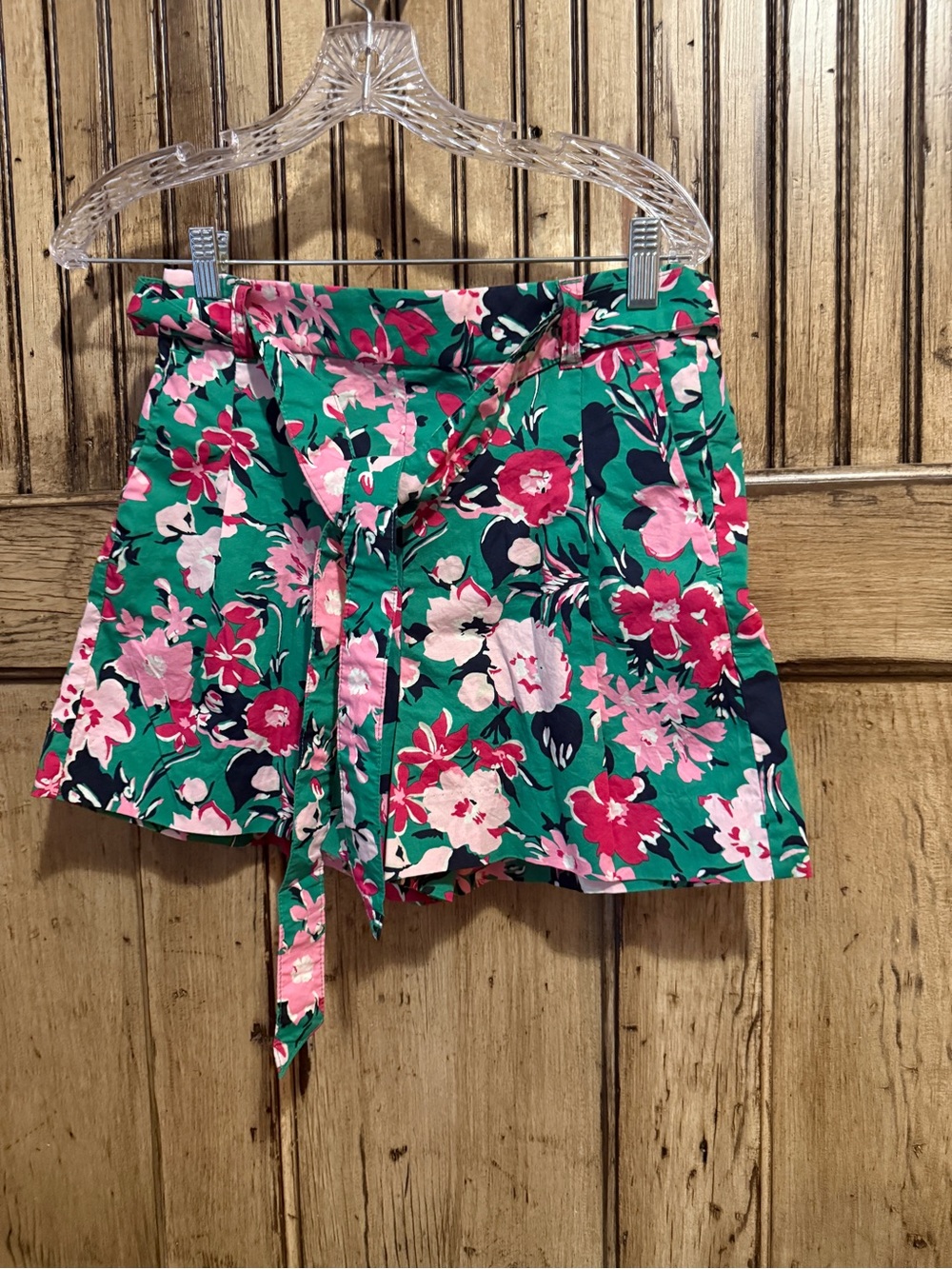J. Crew Green Floral Elastic Tie-Waist Skort